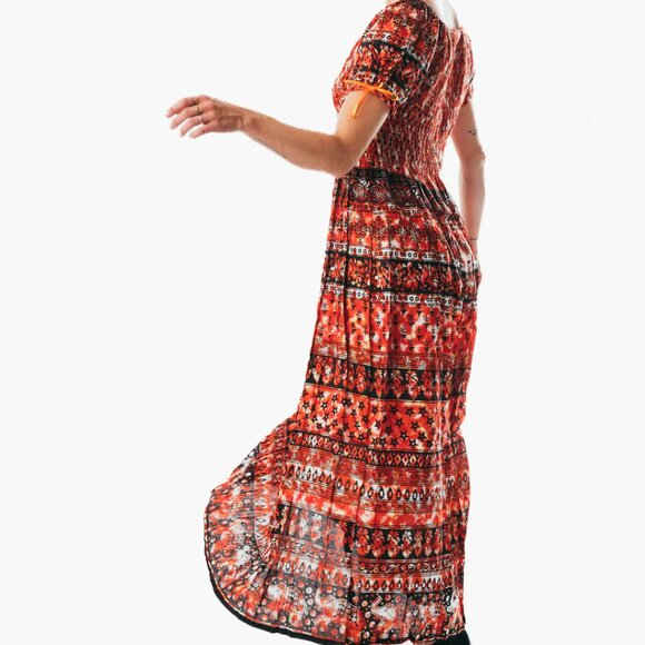 Orange peasant maxi dress short sleeve off shoulder boho summer floral tie dye - Picture 4 of 4